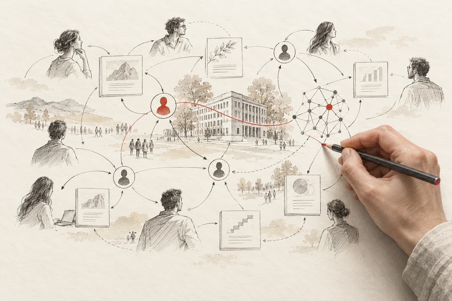 Editorial illustration: a hand connects people, learning modules and an organisation in a shared competence model.