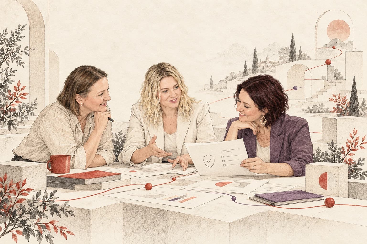 Illustration dreier Frauen bei der gemeinsamen Abstimmung über Strategie- und Compliance-Dokumente